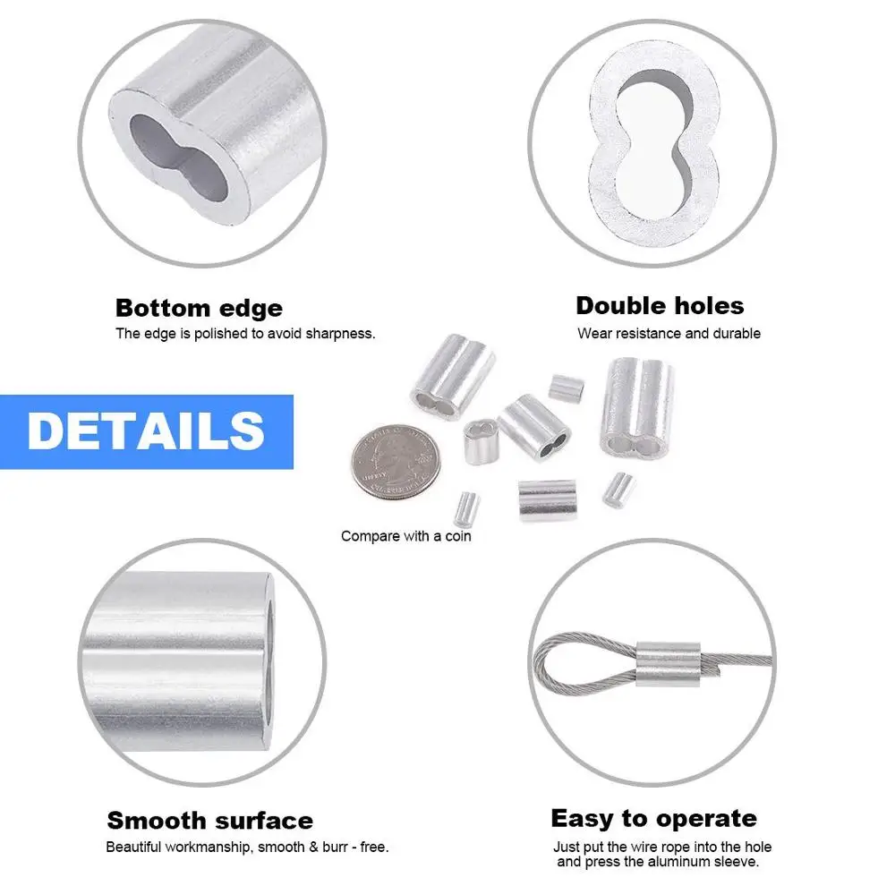 M2-M5,304 Stainless Steel Thimble Aluminum Crimping Loop Sleeve Assortment Kit for Diameter Wire Rope Cable Thimbles Rigging