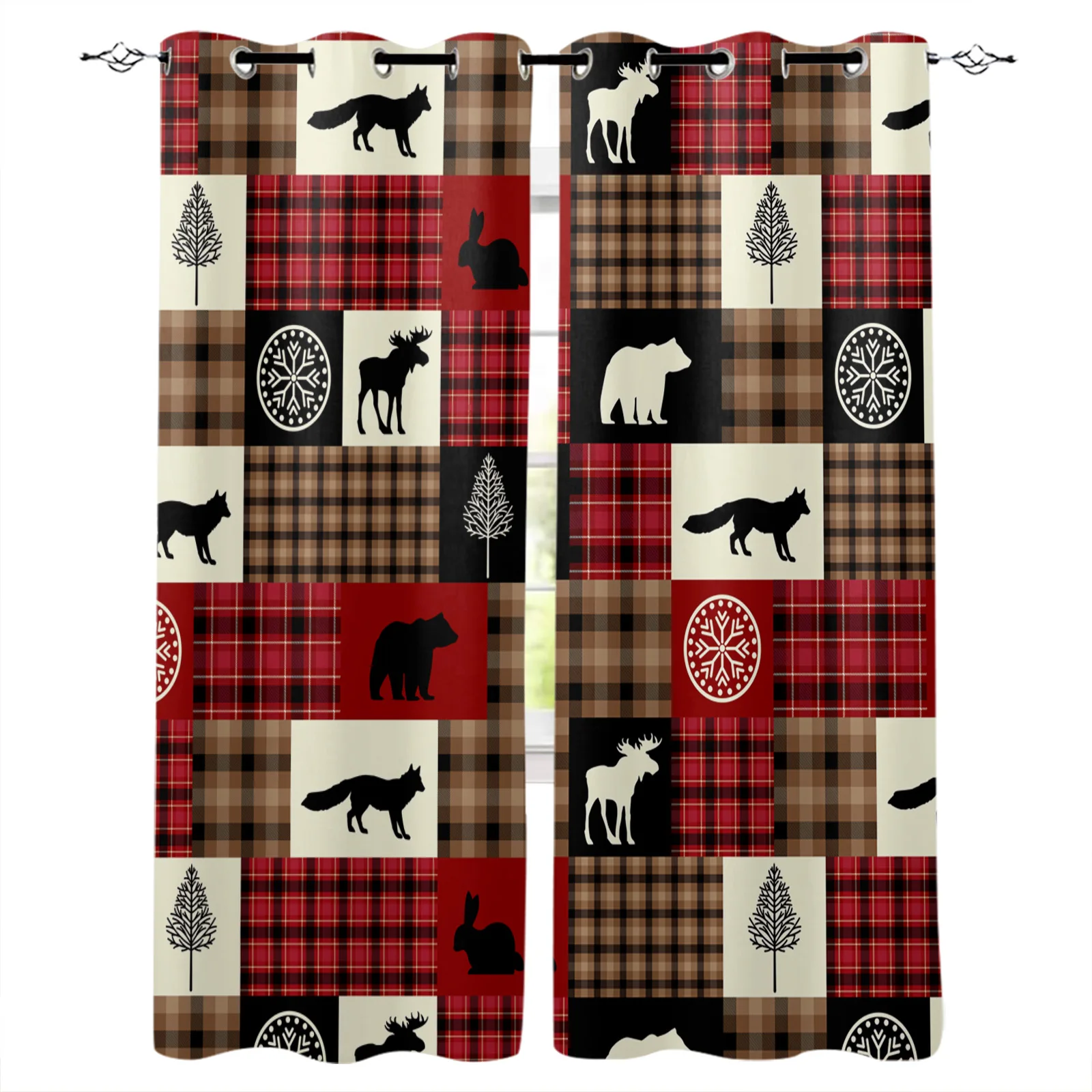 

Animal Fox Bear Elk Tree Buffalo Red Plaid Blackout Curtains For Living Room Bedroom Printed Window Treatment Drapes Home Decor