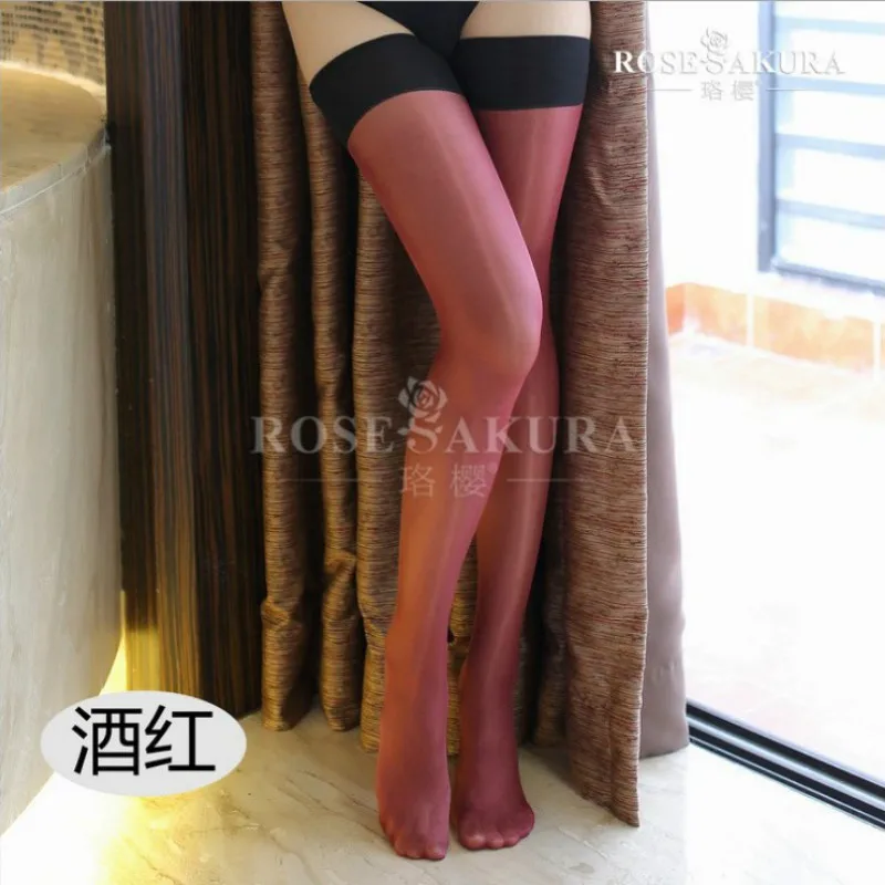 30d Women Contrast Thigh High Stockings multicolor Sheer Stay Up Vintage long shiny Glossy Over Knee oil flashing Leggings