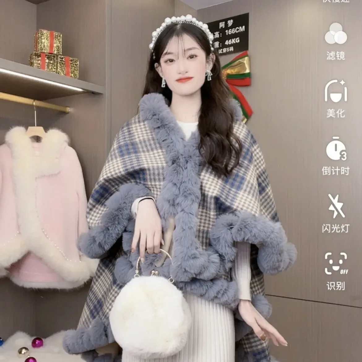 2021 Oversize Long Sleeve Vintage Warm Coat Winter Two Layer Faux Fur Pashmina Women Striped Plaid Printed Female Cardigan Shawl