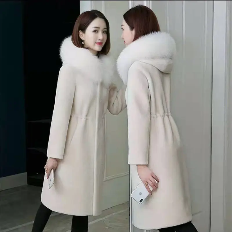 High Quality Granule Sheep Shearing Fur Coat Women 2024 New Wool Hooded Haining Fur Fox Fur Coat Blended Wool Jackets Female 796