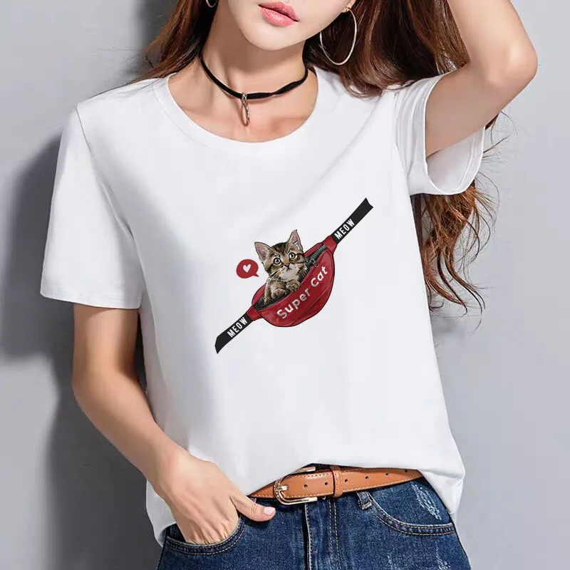 Funny cat printing T-shirt super cool animal printing Shirt For women casual summer Tops Tees