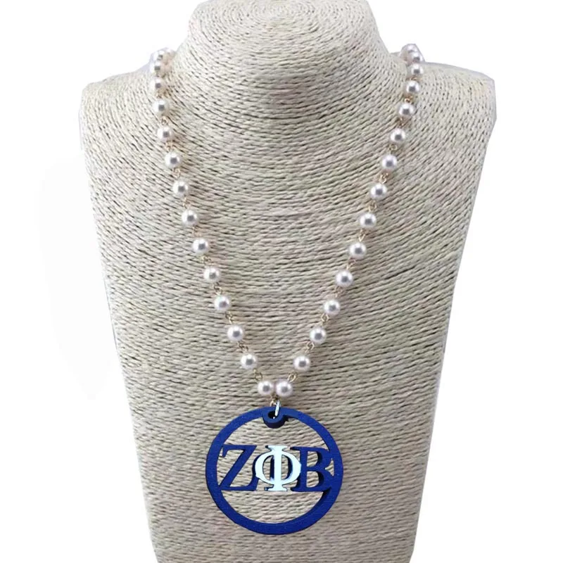 ZPB Zeta Phi Beta Natural Wooden pearl Pendent Necklace Jewelry set