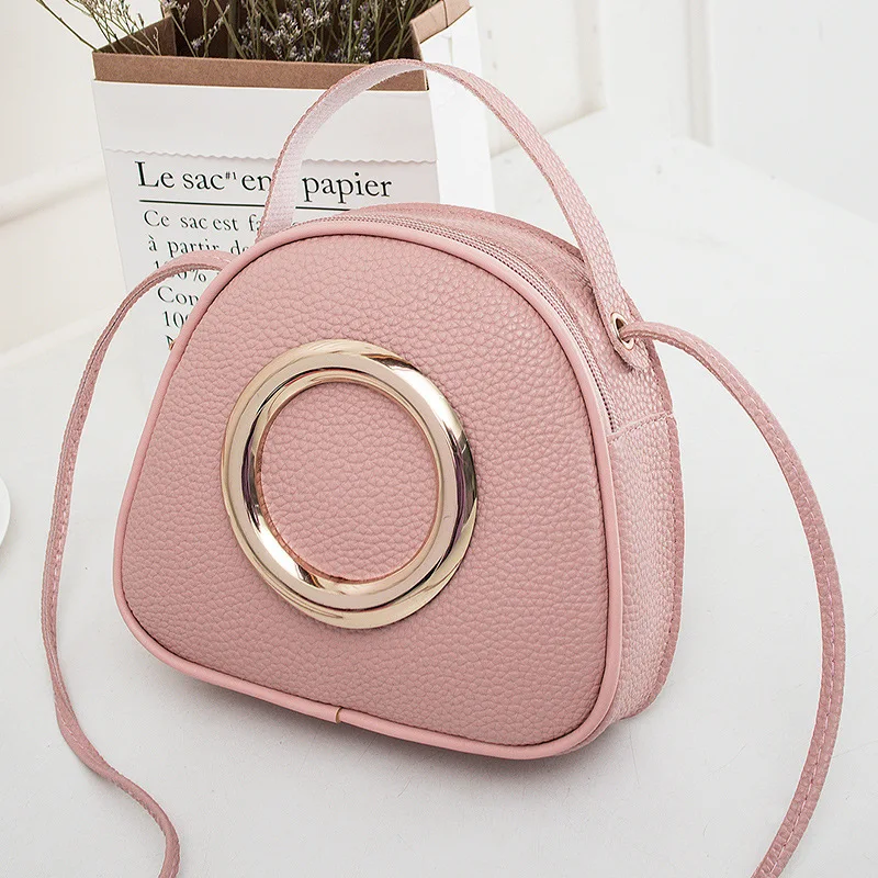 Lychee Pattern Small Circular Bags Solid Color Shoulder Bag Fashion Soft PU Leather Crossbody Bags Lady Simple Casual Handbags