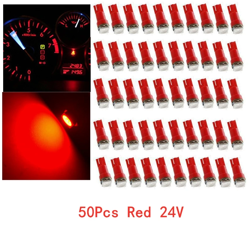 50Pcs T5 5050 1SMD 24V Red Blubs Wedge Dashboard LED Lights Bulbs Car Lnstrument Indicator AC Lamp Auto Interior Accessories