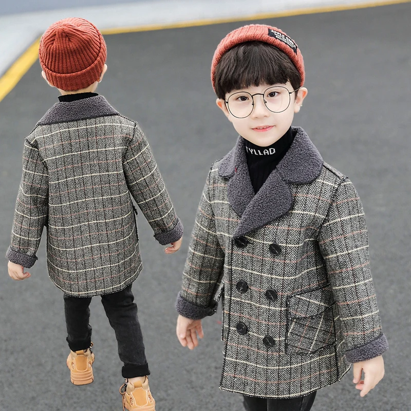 

Boys Velvet Woolen Jacket Outerwear Autumn Winter New Children's Woollen Overcoat Little Kids Thick Medium-Long Trench Coat B327