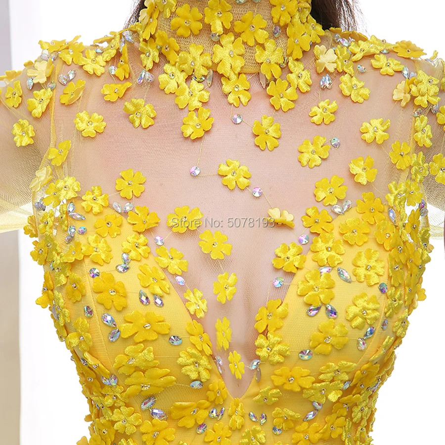 Robes de soirée sirène naturelles jaunes à manches longues, longueur au sol trompent, tulle et mousseline, formelles, quelles que soient les fleurs et les perles, 7204