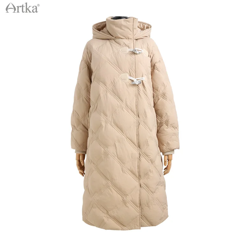 ARTKA 2021 Winter New Women Down Coat Fashion Casual 90% White Duck Down Coat Loose Horn Button Long Hooded Warm Coats ZK20015D