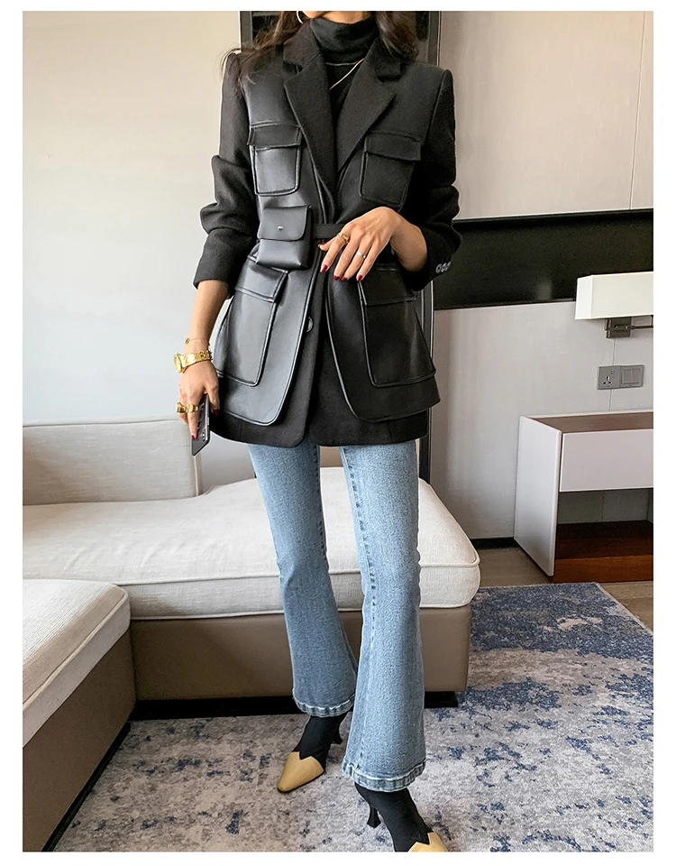 Nerazzurri Autumn Black Wool Blends Patchwork Leather Jacket Women with Many Pockets Long Sleeve Korean Fashion Streetwear 2022