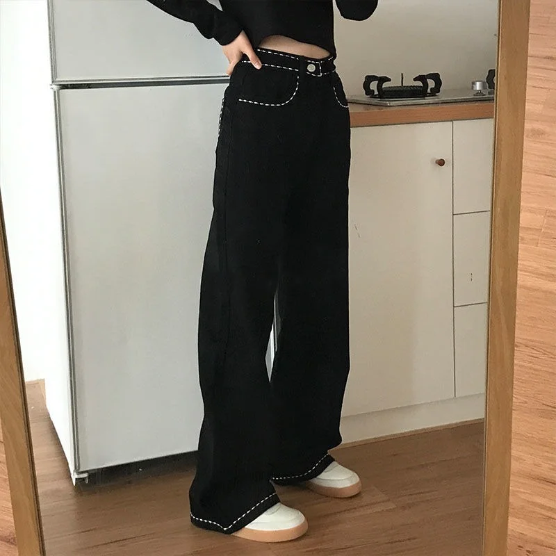 Summer Korean Fashion Loose High Waist Straight Wide Leg Black Flared Pants Casual Peach Blossom Embroidery Trousers Streetwear