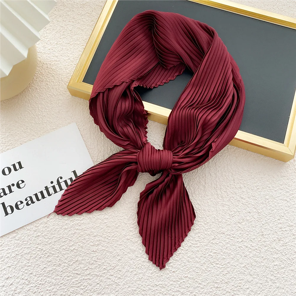 2023 Pleated Satin Scarf for Women Neckerchief Ribbon Square Skinny Hair Tie Band Kerchief Satin Foulard Scarves Headscarf