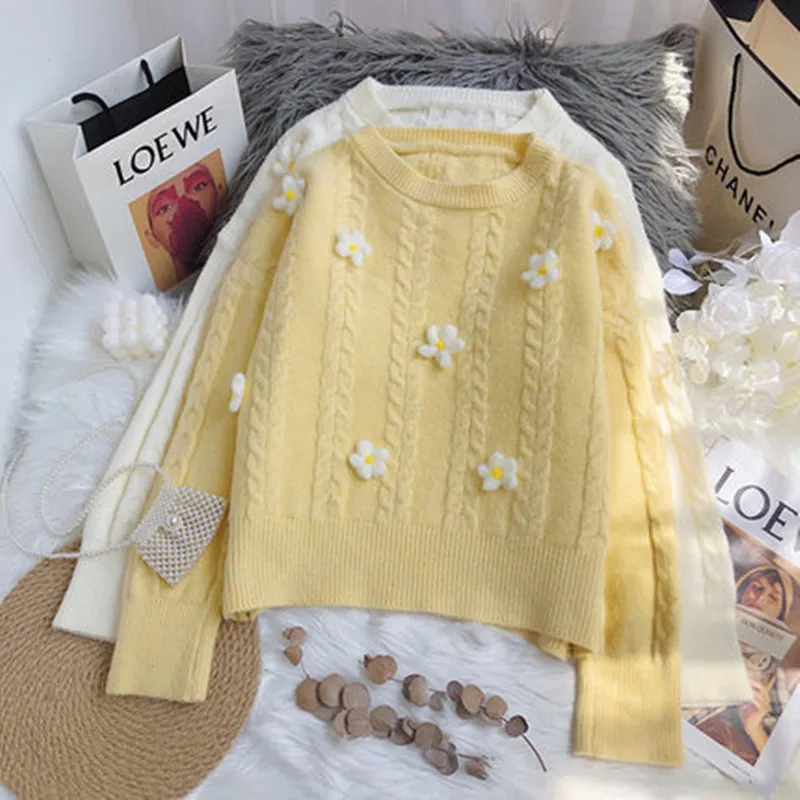 Special Offer Autumn Winter Women Loose Pullover Sweater Sweet 3D Flowers Decoration Twisted Solid Color Knitted Sweater