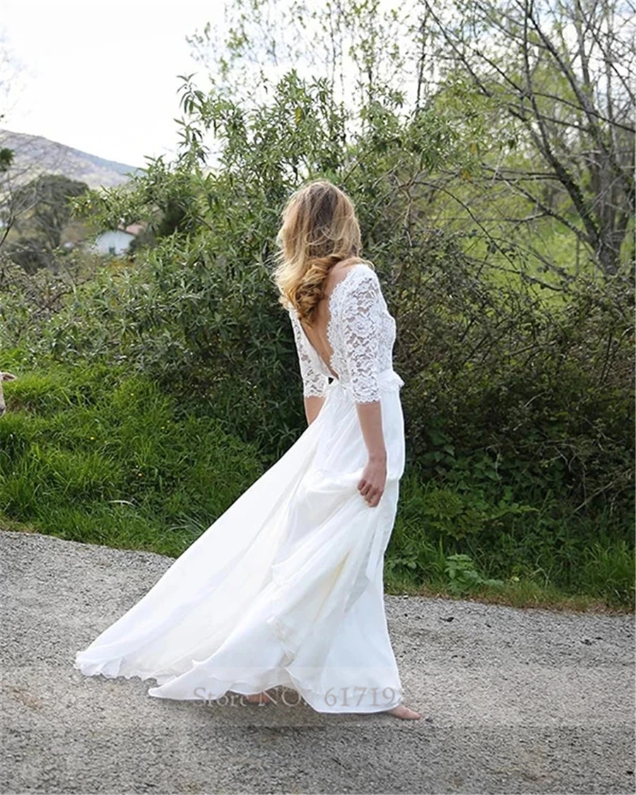 Robe de mariée trapèze élégante en mousseline de soie, avec appliques en dentelle, manches en dentelle, col en v, 3/4