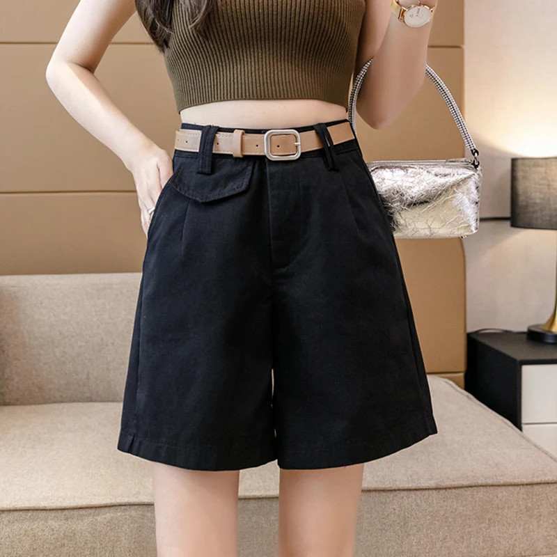 2021 Summer High Waist Shorts Women With Belt Casual Streetwear Short Feminino Loose Wide Leg Bermuda Femme Khaki Black Shorts