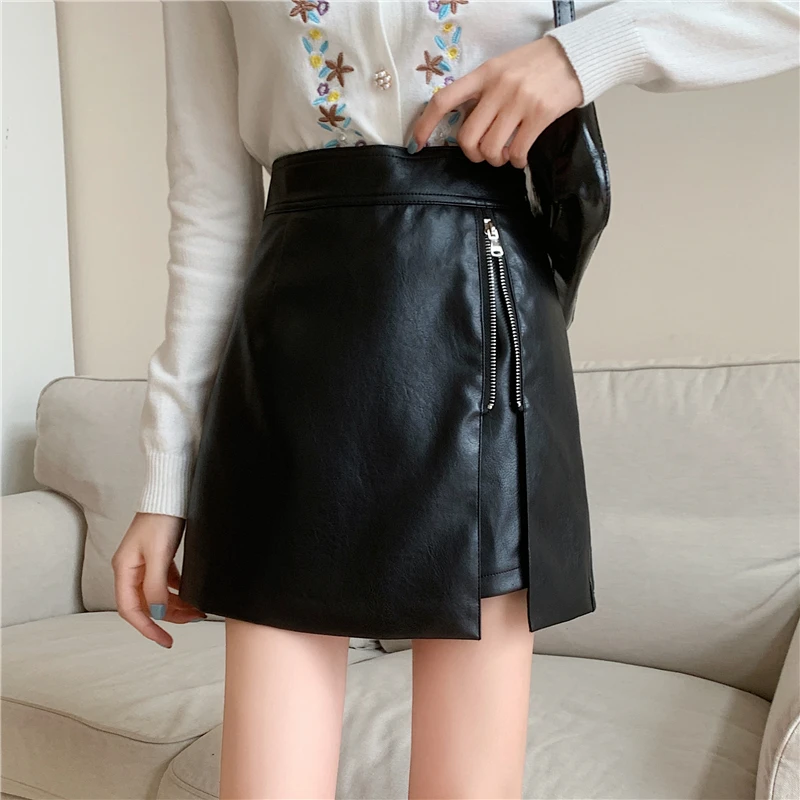 2021 early autumn pu leather short skirt over size high waist slimming irregular skirt DQ1358