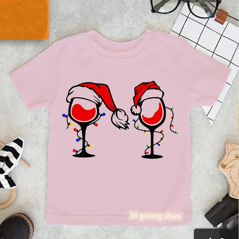 Christmas Wine Glasses Print Tshirt Girls Kids Clothes Kawaii Unicorn T-Shirt Children'S Clothing Harajuku Shirt Streetwear