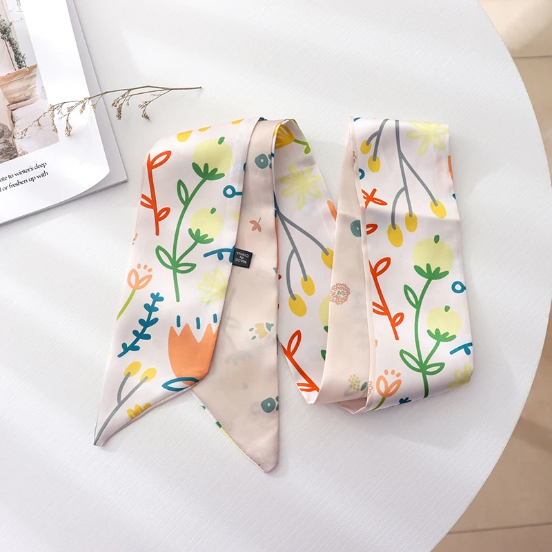 Summer Thin Long Small Silk Scarves Flower Hair Ribbon Tied Hair Decorative Scarf Tied Bag Scarf  For Women