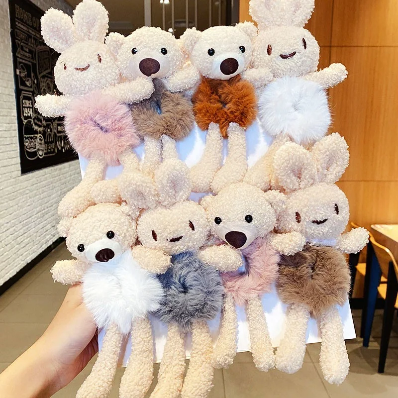 Cute Plush Scrunchie Cartoon Bear Rabbit Elastic Hair Bands Girls Women Ponytail Holder Hair Rope Tie Winter Hair Accessories