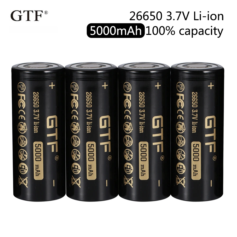 

2020 New GTF 26650 5000mAh 100% capacity 3.7V Li-Ion Rechargeable Battery for Flashlight flat head batteries