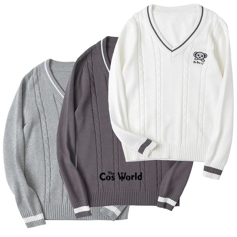 S-XXL Autunno Inverno Orso Grigio Manica Lunga in Maglia Magliette E Camicette Pullover Collo a V Coppie Maglie E Maglioni per Jk Scuola Uniforme Studente Uniforme Vestiti