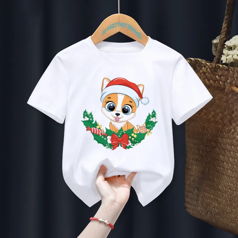 Merry Christmas Deer Cartoon Cute White Kid T-shirts Children Summer Girl Gift Present Clothes Boy Animal TOps Tee,Drop Ship