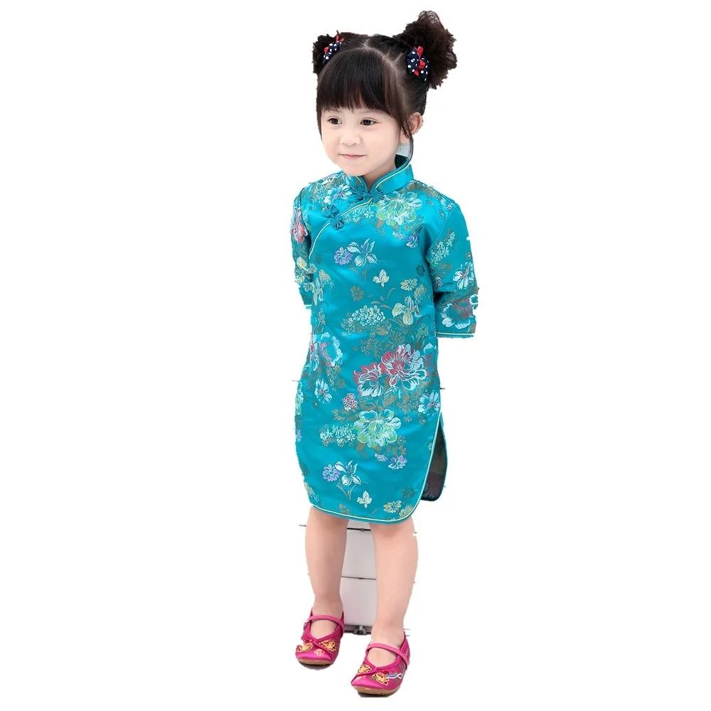 

2019 New Summer Three Quarter Kid Qipao Girls Dress Cheongsams Flower Traditional Chinese Style Clothing