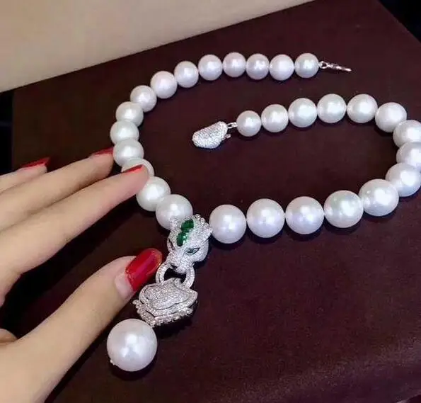 

free shipping Jewelry strands 10-11 mm natural south sea white pearl necklace 925 silver zircon Leopard clasp pendant