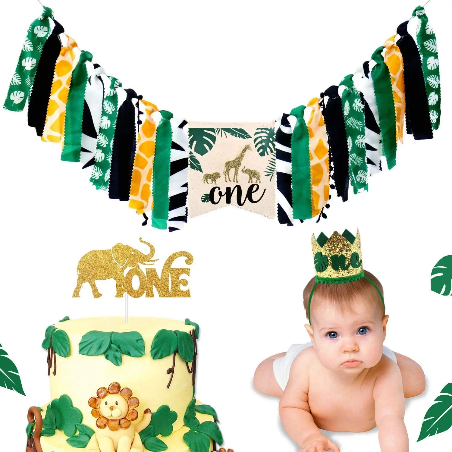 

Children's birthday background green forest series animal theme banner baby one year old alphabet pull flag decorative supplies
