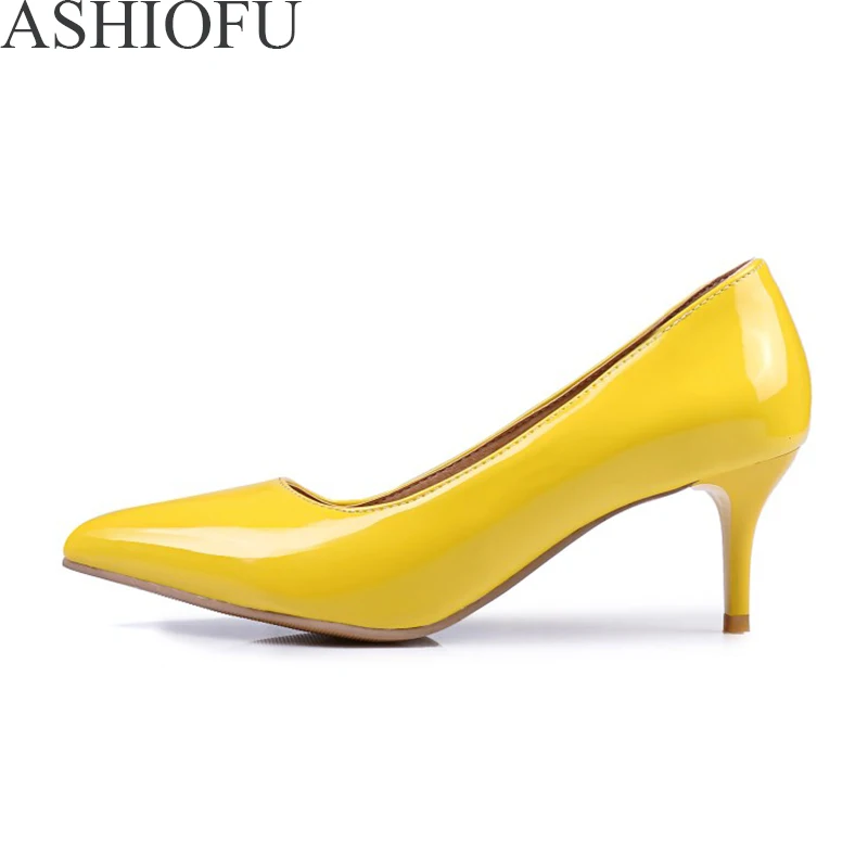 

ASHIOFU New Handmade Ladies 6cm Mid Heel Pumps Party Office Dress Shoes Large Size Shiney Fashion Evening Court Shoes Six Colors