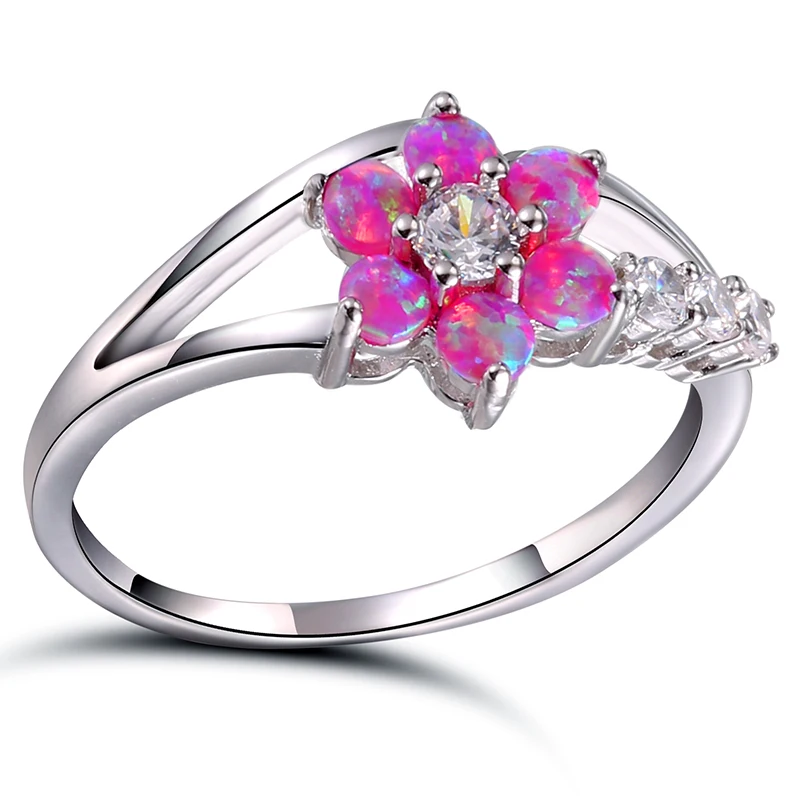 AMORUI Pink Opal Natural Stone Women Rings Cute/Romantic AAA Zircon Flower Shaped Druzy Silver Color Copper Rings