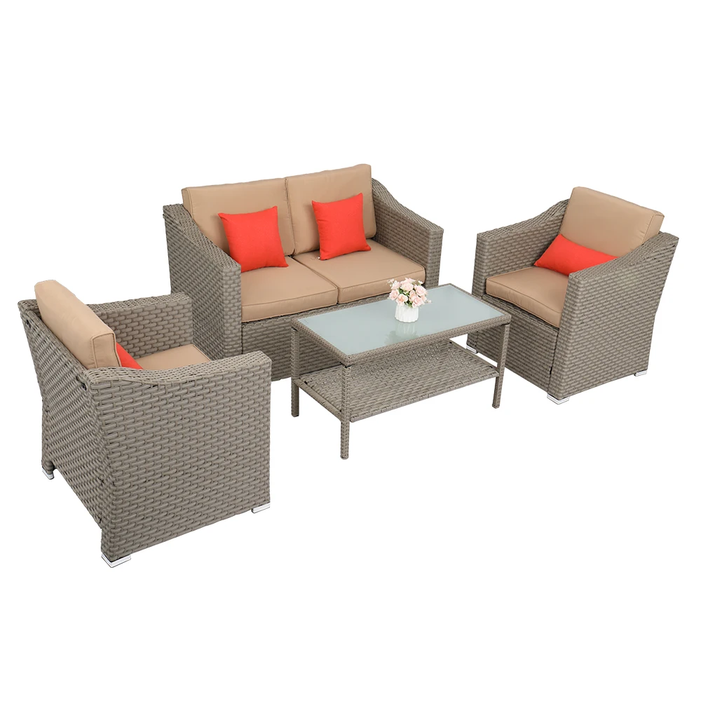 4Pcs Patio Outdoor Furniture Suit 1 Double 2 Single Sofa  1 Double Coffee Table Wide Rattan Double Contiguous Rattan Gray