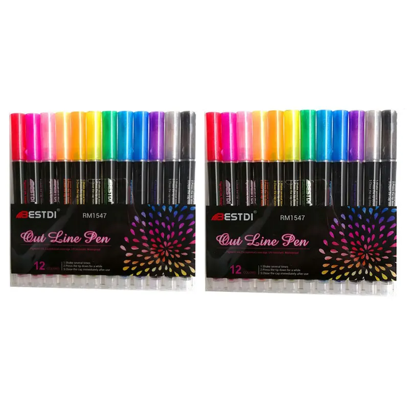 12-farbiges Farbmarkierungsstift-Set aus Metall, Doppellinien-Stift, Umrissmarker, Glitzer zum Zeichnen, Malen, Kritzeln, Schulbedarf