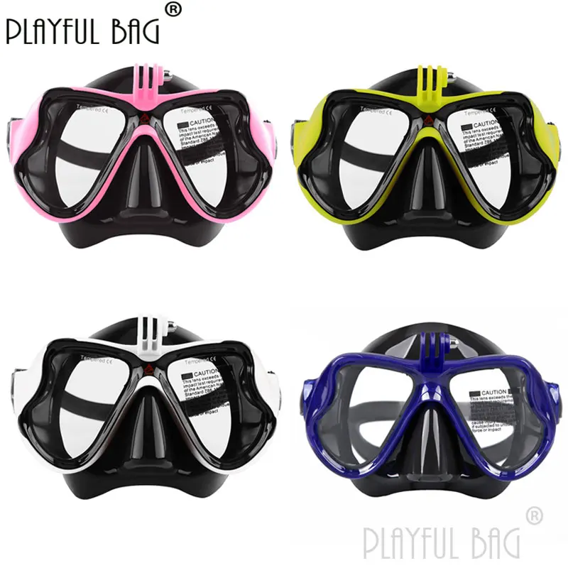 

Playful bag Adult diving goggles with camera holder snorkeling mask liquid silicone mask head with anti-fog tempered glass E127