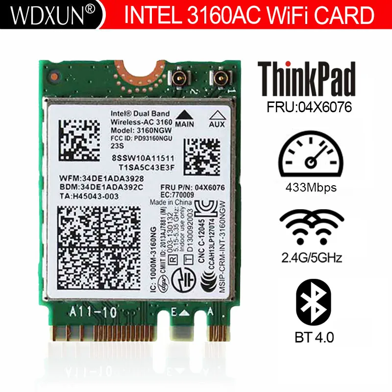 Intel Dual Band Wireless-AC 3160 802.11ac+BT 4.0 WiFi Card For Lenovo Yoga 3 500 E50 B51 B70 G40 G70 Z70 Series FRU 04X6076