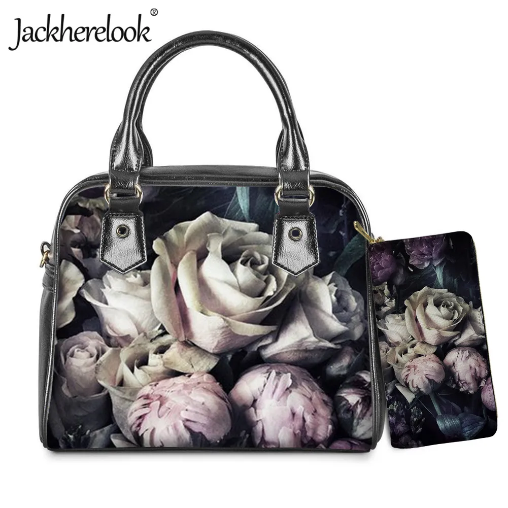 Jackherelook Fashion Rose Floral Design Womens PU Handbag Clutch Wallet 2pcs/Set Female Luxury Crossbody Bag & Coin Purse bolso