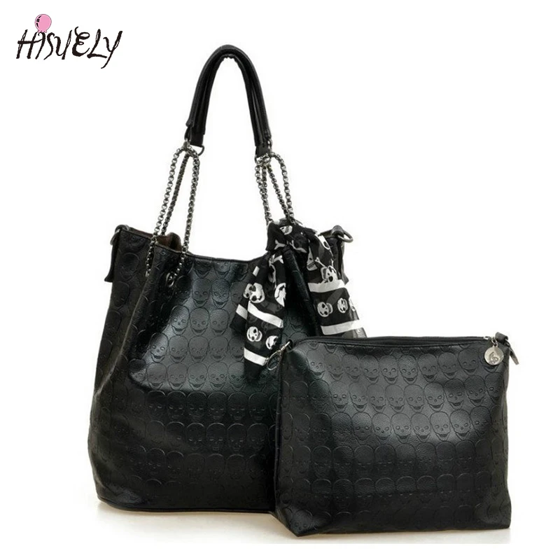 HISUELY 2024 Vintage Skull Shoulder Bags Women Bucket Pu Leather With Silk Female Black Handbags Ladies Casual Chain Tote Bag