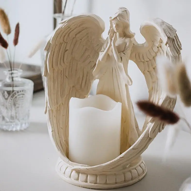 

Nordic Retro Angel Girl Electronic Candle Holder Resin Accessories Home Livingroom Desktop Figurines Crafts Church Decoration