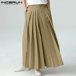 INCERUN Stylish Men Pleated Wide Leg Pantalons Male Solid All-match Trousers Party Nightclub High Waist Long Pant Culottes S-5XL