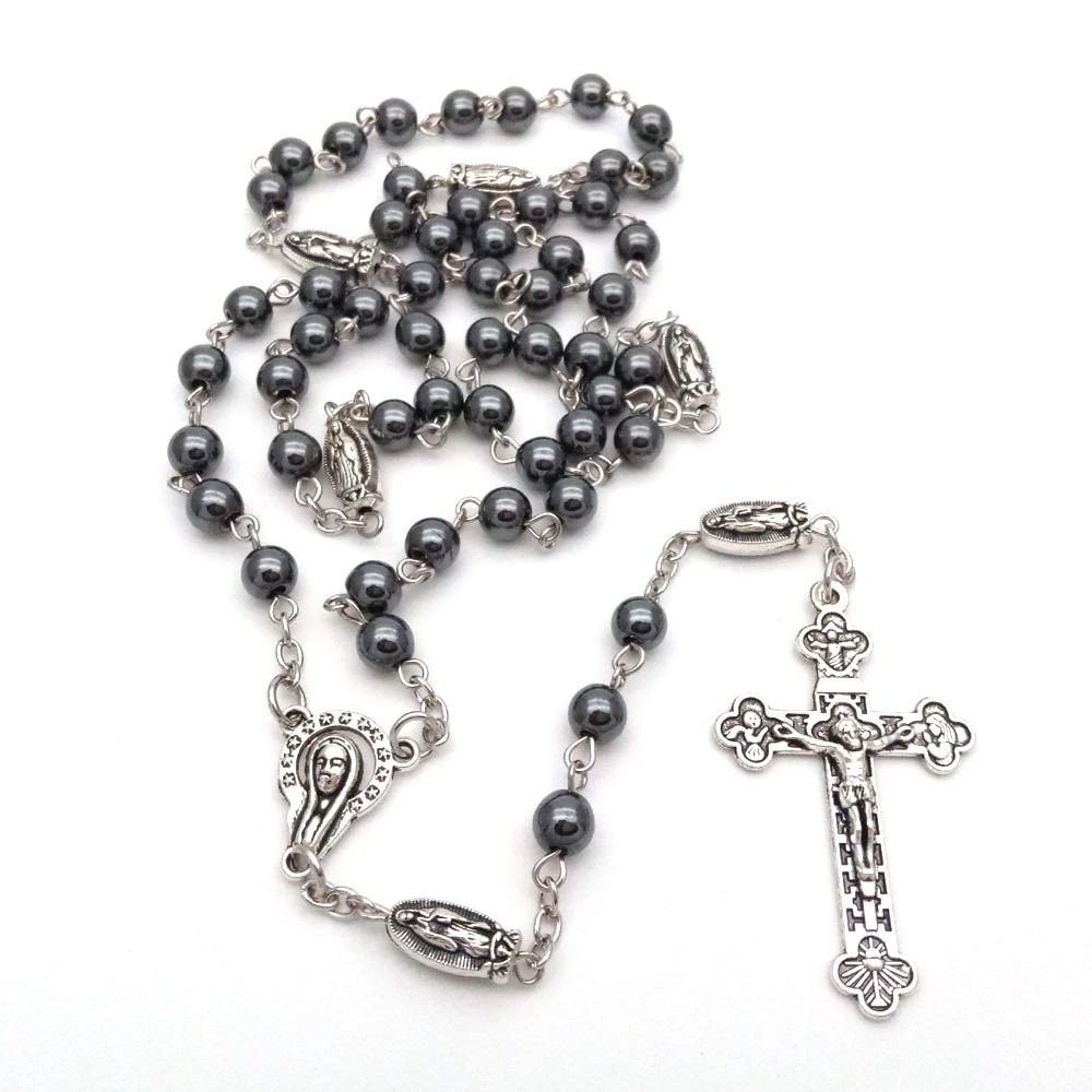 QIGO Vintage Hematite Rosary Necklace Metal Virgin Cross Pendant Religious Pray Jewelry For Men Women