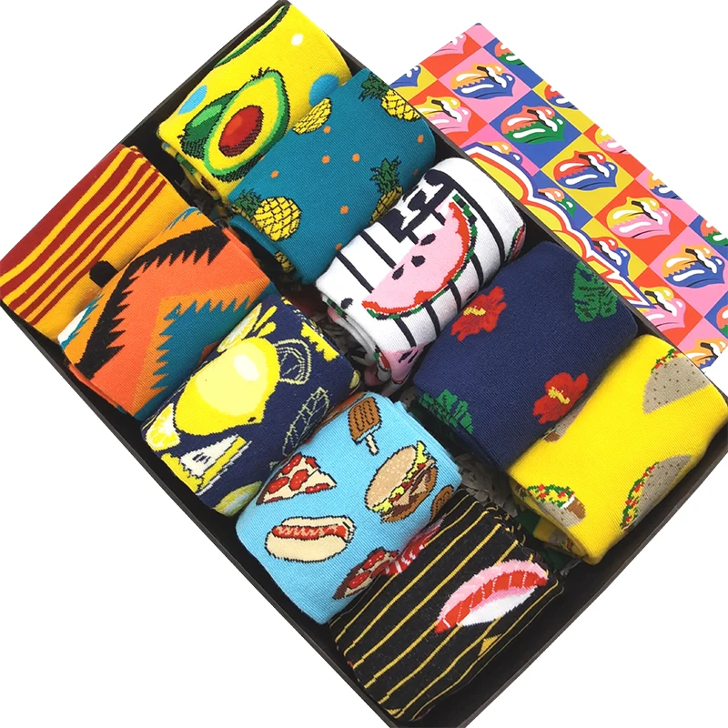 10 Pairs/Pack Men Woman Fun Colorful Socks Fruit Food Painting Harajuku Design Hip Hop Funky Happy Casual Cotton Socks