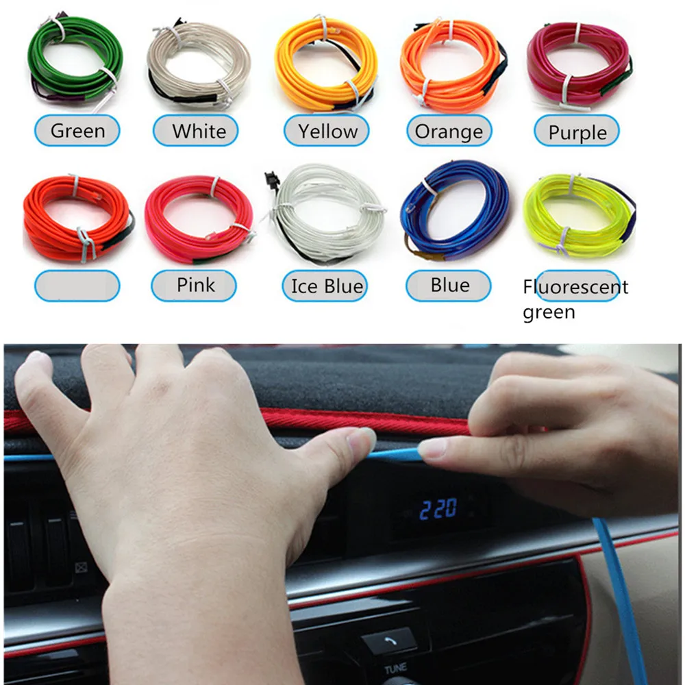 1/2/3M Car Interior Light Bmbient Lights El Neon Led Strip Cold Line Decorative Dashboard Lamp 12V Cigarette Lighter Inverter