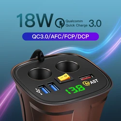 Car Charger Cigarette Lighter Adapter Splitter 2 Socket 80W QC3.0 Fast Quick charge USB 4.2A Cup Holder Voltmeter On/Off Switch