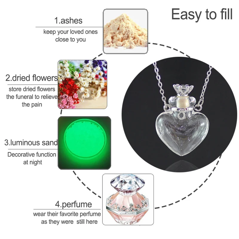 1PC Glass Heart Vial Cremation Pendant Necklace Ash Case Holder Keepsake Necklace Memorial Jewelry Urn Necklace for Ash