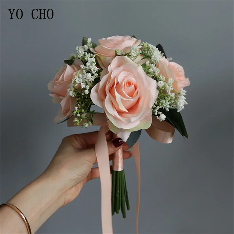 YO CHO Artificial Flower Bouquet Bridal Wedding Flower Silk Rose Baby's Breath Bridesmaid Bouquet Home Party Table Decor