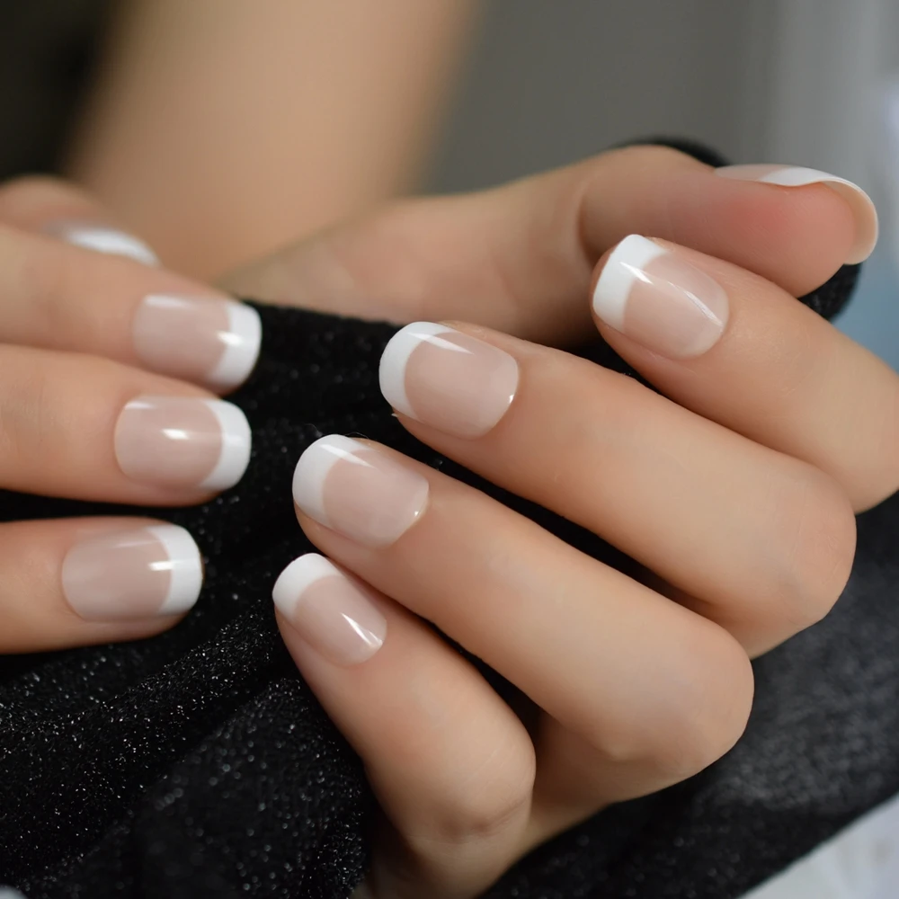 Curto nu natural branco pontas de unhas francesas, unhas postiças, gel de pressão ultra fácil para uso doméstico e de escritório, verão