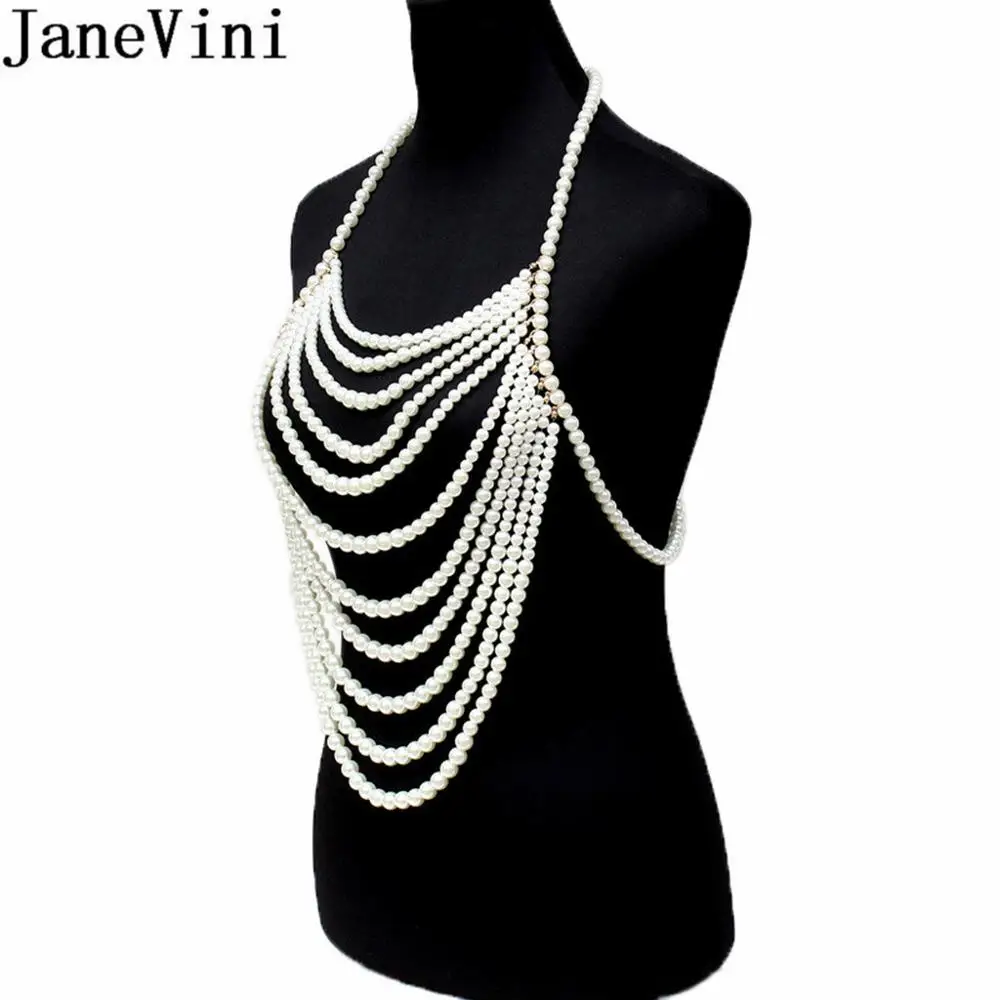 JaneVini Vintage Imitation Pearls Bridal Necklace White Bride Beach Wedding Women Necklaces Shoulder Chain Party Accessories