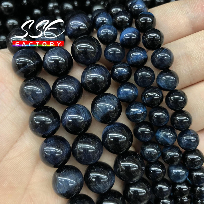 Natural Stone Dark Blue Tiger Eye Beads Round Loose 4 6 8 10 12 14 Mm 15\'\' Strand Beads for Jewelry Making Bracelet DIY