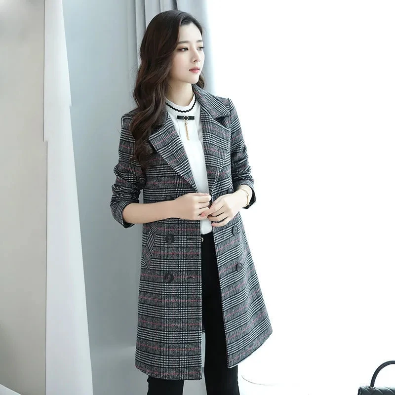 

Vintage Plaid Mid-Length Woolen Coat Autumn Winter Thick Warm Double Breasted Women Wool Jacket Plus Size Fashion Slim Overcoat