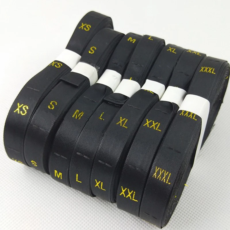 500pcsGARMENT SIZE LABEL Clothing Tags White Black Background Wooden Lock Machine Metal Gold Letters  1.2x3.5cm High Quality