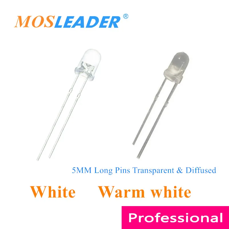 Mosleader 1000 قطعة 5 مللي متر led أبيض دافئ أبيض شفاف ومنتشر ضبابي F5 دبابيس طويلة ضوء الصينية